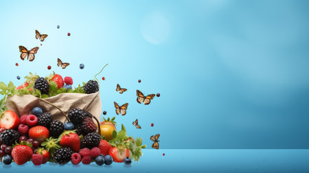 Bag of fresh berries with flying butterflies on blue background. Bannerの素材