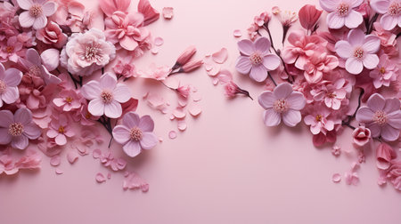 Beautiful spring flowers on pink background, flat lay. Space for textの素材