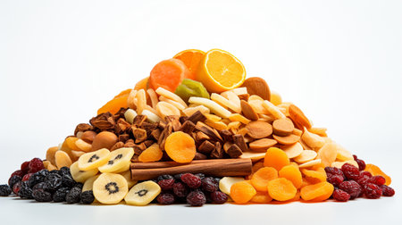 Mixed dried fruits and nuts on white background. Healthy eating concept.の素材