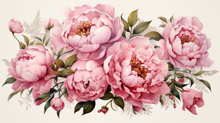 Bouquet of pink peonies on a white background. Vintage style.の素材