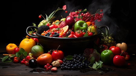 Fruits and vegetables as ingredients in cooking. Shot in a studio.の素材
