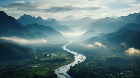 Mountain landscape with river and mist in the morning, Thailand.の素材