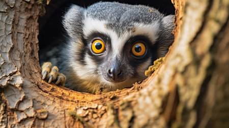Ring-tailed lemur (Lemur catta) in a hollowの素材