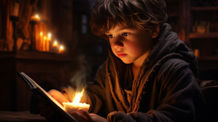 Little boy reading a book at night in a dark room with candlesの素材
