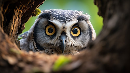 Portrait of an owl (Asio otus) in a treeの素材