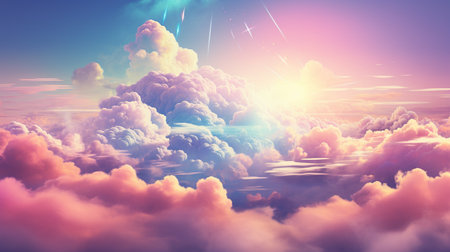 Beautiful sunset above clouds with rays of light. 3d illustrationの素材