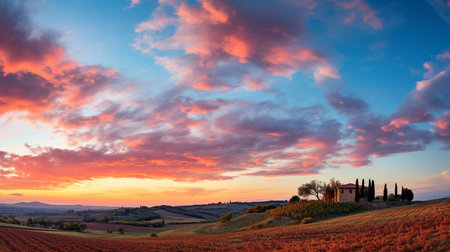 Beautiful sunset in Tuscany, Italy. Panoramic imageの素材