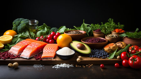 Healthy food clean eating selection: salmon, vegetables, fruits and berries. Balanced diet.の素材