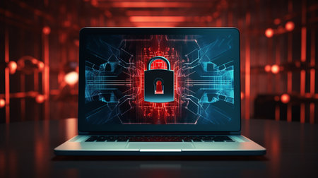 Laptop with padlock on screen in dark room 3D renderingの素材
