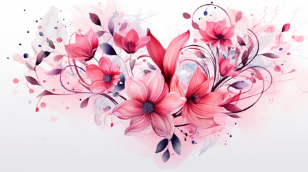 Vector watercolor floral background with pink flowers, leaves and blotsの素材