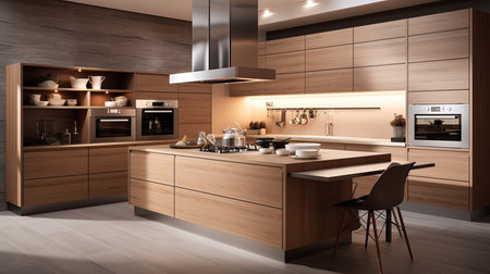 3d rendering of wooden modern kitchen in a house with a beautiful designの素材