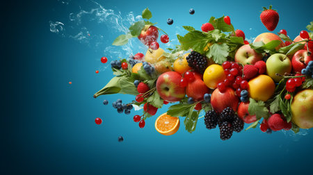 Healthy fruits and vegetables flying in the air. 3d renderingの素材