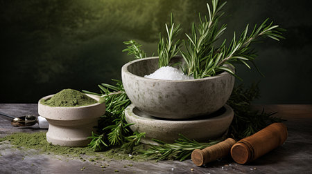 Fresh herbs and spices on wooden table. Herbs and spices selection.の素材