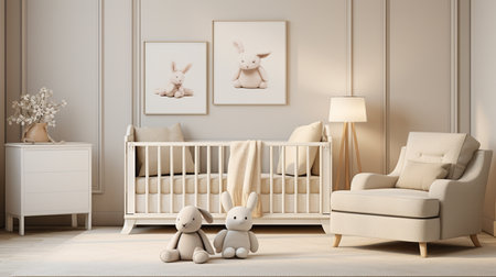 3D Illustration of a baby room interior with a crib and toysの素材