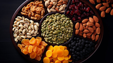 Mix of dried fruits and nuts in bowls on black background, top viewの素材