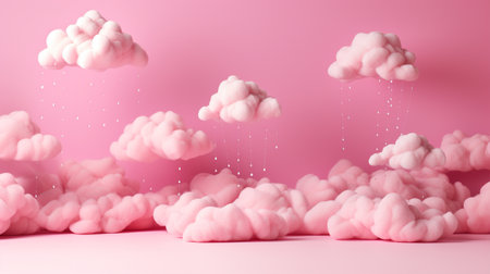 Clouds with raindrops on pink background. 3D rendering.の素材