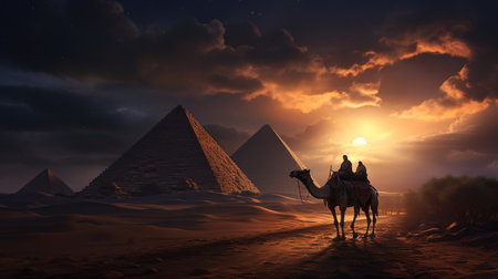 Camel in front of pyramids at sunset. 3D renderingの素材