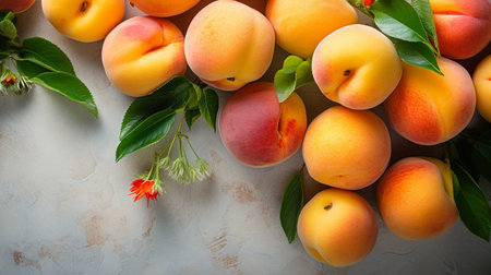 Fresh ripe apricots with green leaves on a light stone backgroundの素材