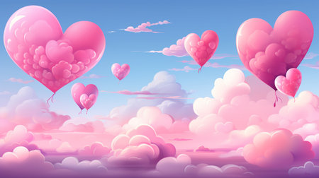 Valentine's day background with heart shaped balloons and clouds.の素材