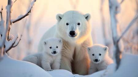 Polar bear (Ursus maritimus) mother and cub on the pack ice, north of Svalbard Arctic Norwayの素材