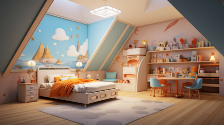 Children's room in the attic. 3D render. Illustration.の素材