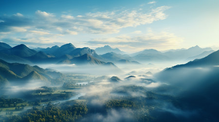 Foggy valley with mountains and blue sky. Nature background.の素材