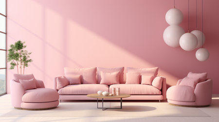 Pink living room with pink sofa and coffee table, 3d renderingの素材