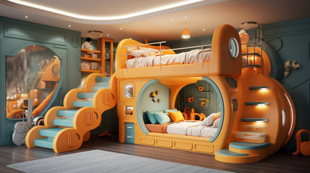 3d rendering of a children's room with a wooden bunk bedの素材