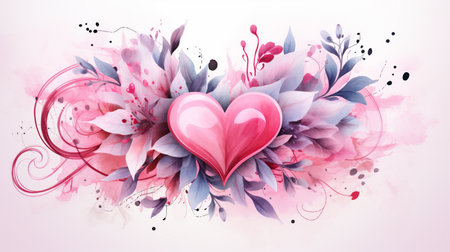 Valentine's day greeting card with pink heart and floral elementsの素材