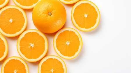 Fresh orange fruit isolated on white background. Top view. Flat layの素材