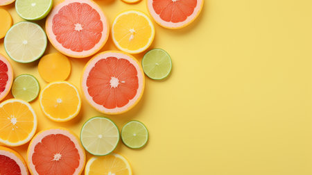 Citrus fruit slices on yellow background, top view, copy spaceの素材