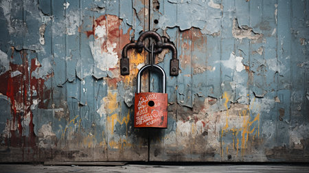Old rusty padlock on a blue wooden door. The concept of securityの素材