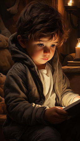 Cute little boy reading a book in a dark room at homeの素材