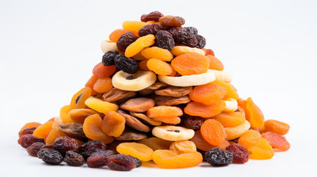 Dried apricots and raisins on a white backgroundの素材