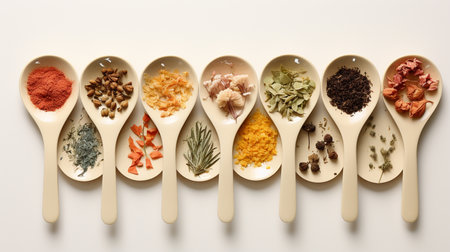 Spices and herbs in wooden spoons on white background, top viewの素材