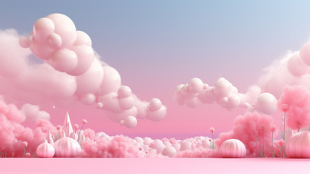 3d rendering of pink background with clouds and flowers, 3d illustrationの素材