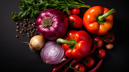 Fresh vegetables on a black background. Top view. Healthy food.の素材