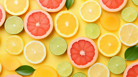 Colorful citrus fruit slices on yellow background, top view. Flat layの素材