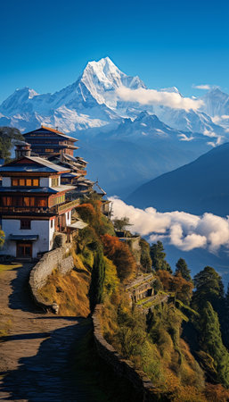 Buddhist monastery in Himalayas, Annapurna Circuit, Nepalの素材