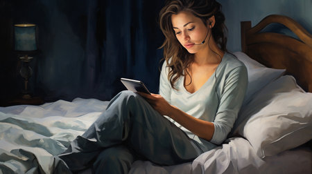 Young woman using mobile phone while lying in bed at home. Young woman using mobile phone in bed.の素材