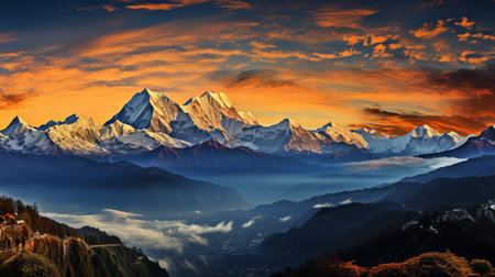 Beautiful sunset in the Himalayas, Nepal. Panoramaの素材