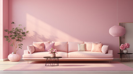 interior pink living room with pink sofa, 3d render illustrationの素材