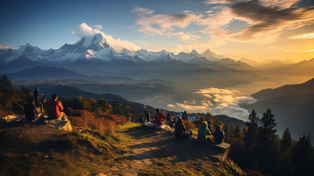 Group of tourists enjoying view of Himalaya mountains at sunset, Nepalの素材