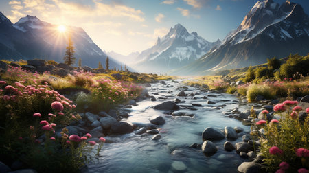 Mountain landscape with a river and snowcapped peaks in the backgroundの素材