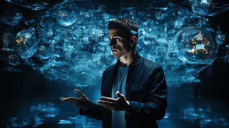 Young man in dark suit against media background using tablet pc. Mixed mediaの素材