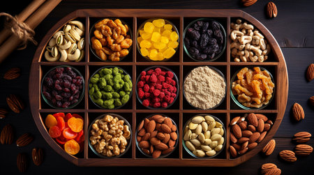 Mix of dried fruits and nuts in a wooden box. Top viewの素材