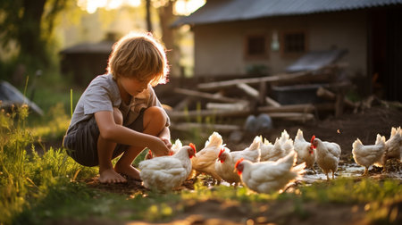 Cute little boy feeding chickens on a farm in the sunset lightの素材