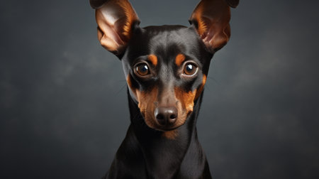 Portrait of a purebred miniature pinscher dog on a dark background.の素材