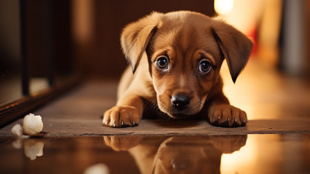 Cute little dachshund puppy on the floor at homeの素材