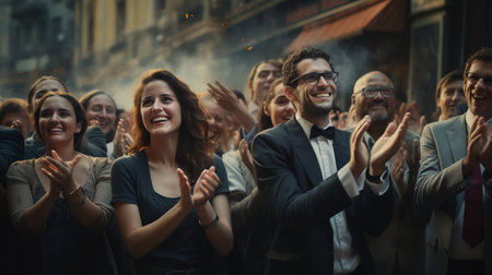 Group of happy people clapping and dancing at a music festival.の素材